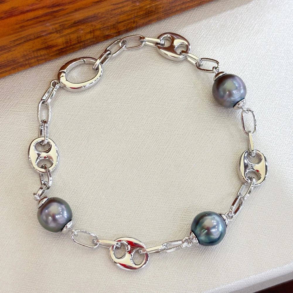 Cool and Elegant Three Pearls Bracelet Fine Jewelry Gift for Men and Women with 9-10mm Natural Tahitian Seawater Black Pearls