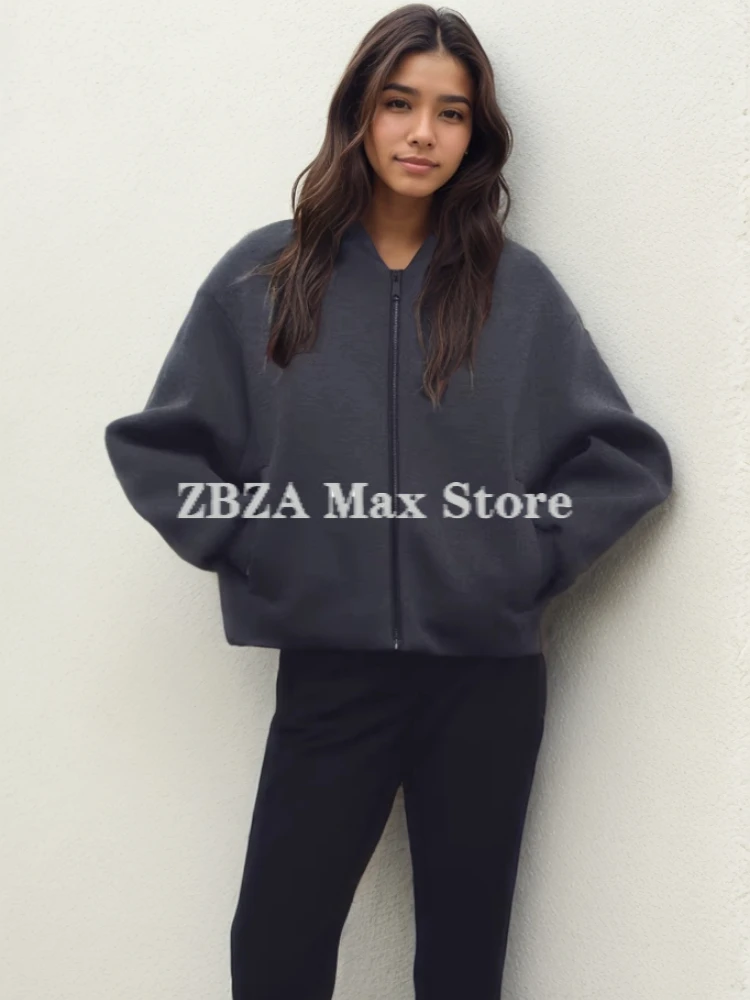 ZBZA Women's Loose Pilot Jacket Round Neck Puffy Sleeves Solid Zipper Elastic Drawcord Hem Short Outerwear Winter New Female Top