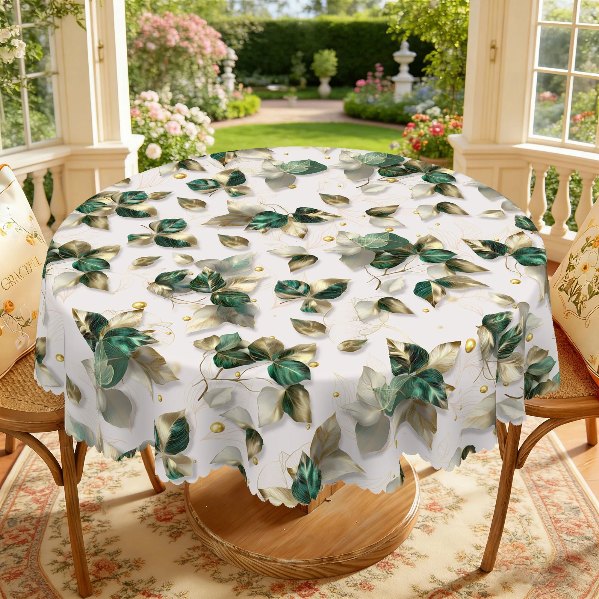 1 Piece of Light Luxury Green Leaf Round and Rectangular Tablecloth, Available in Various Sizes, with a Pure White Background Interwoven with Gold Leaf Veins, Fresh Prints of Dark Green Leaves, and Embellished with Fine Glittering Gold Bead Patterns, Edge Embossing Craftsmanship, Natural Light Luxury Decoration, Suitable for Everyday Family Dining Rooms, Balconies, Tea Break Tables, Daily Tea Gatherings, Forest-Style Home Decoration, Light Luxury Style Home Decoration