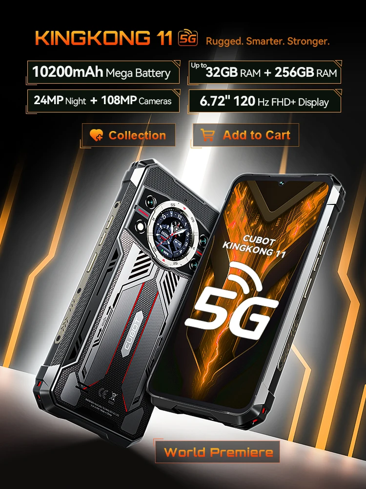 Защищенный Смартфон 5G Cubot KingKong 11, 10200 мА·ч, Dimensity 7025, техпроцесс 6 нм, 2,5 ГГц, 32ГБ ОЗУ (16ГБ + 16ГБ расширение), 256 ГБ ПЗУ, камера 108МП, экран 6,72 дюйма, 120 Гц, задний экран 1,46 дюйма, 5G телефон