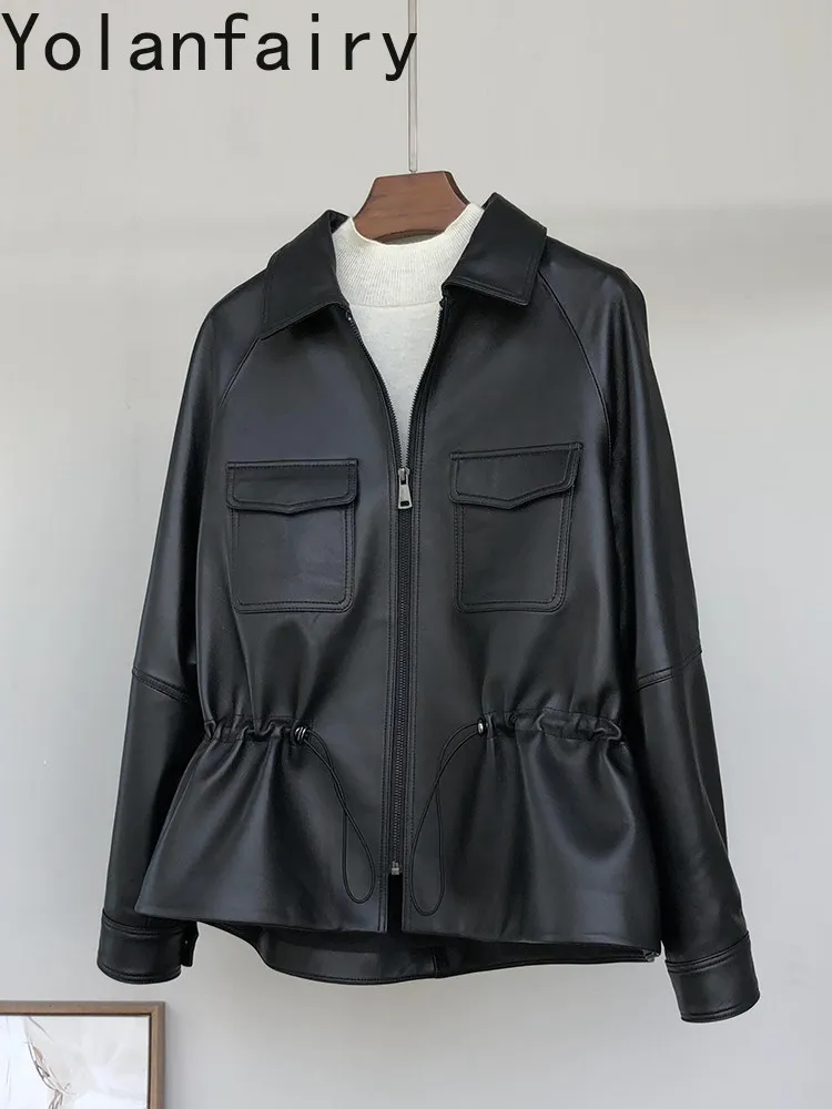 YOLANFAIRY High-end 100% Real Sheepskin Genuine Leather Jacket Women 2026 Fashion Waisted Black Leather Coat Shirt Collar Chic