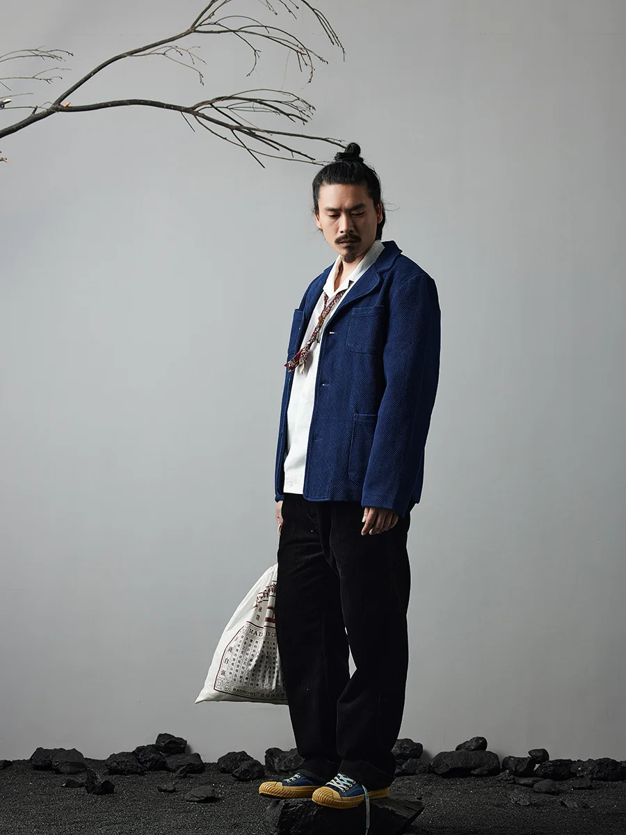 Nowa Wiosenno-Jesienna Kurtka Indygo Ręcznie Robiona Kurtka Indygo Roślinnego Casualowa Marynarka Retro Francuska Odzież Robocza