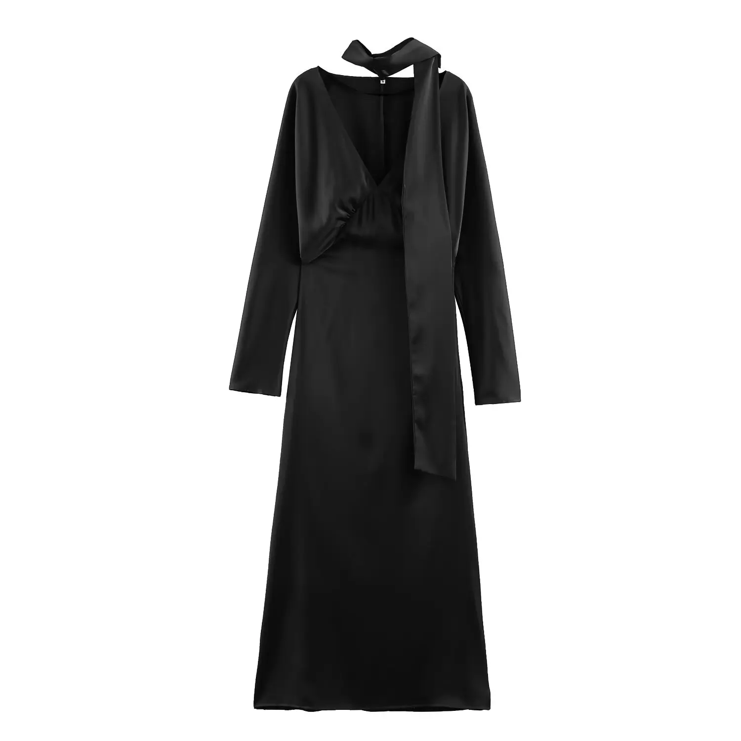 BSAY – robe écharpe en Satin pour femmes, mode automne hiver, nouvelles plis, manches longues, col en v, robes de soirée françaises