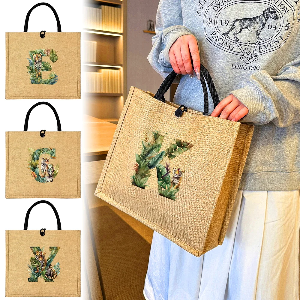 Flax Bag Fastener Handbag Organizer Storage Jute Tote Bags Imitation Cotton Women Valise Portable Jungle Tiger Printing Series