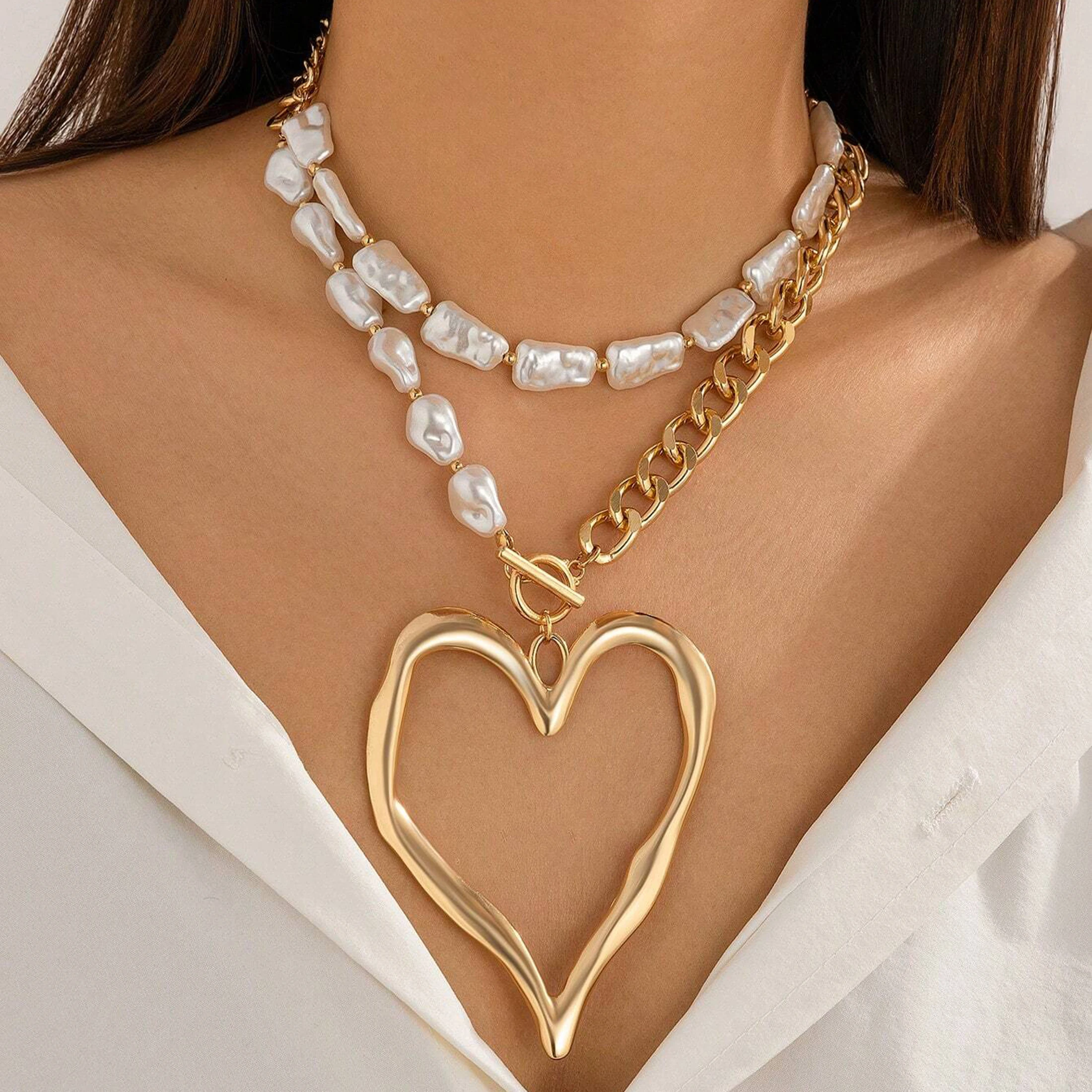 Vintage Irregular Hollow Heart Pendant Layered Necklace 4 Styles Metal Faux Pearl Beaded Choker Women Statement Jewelry