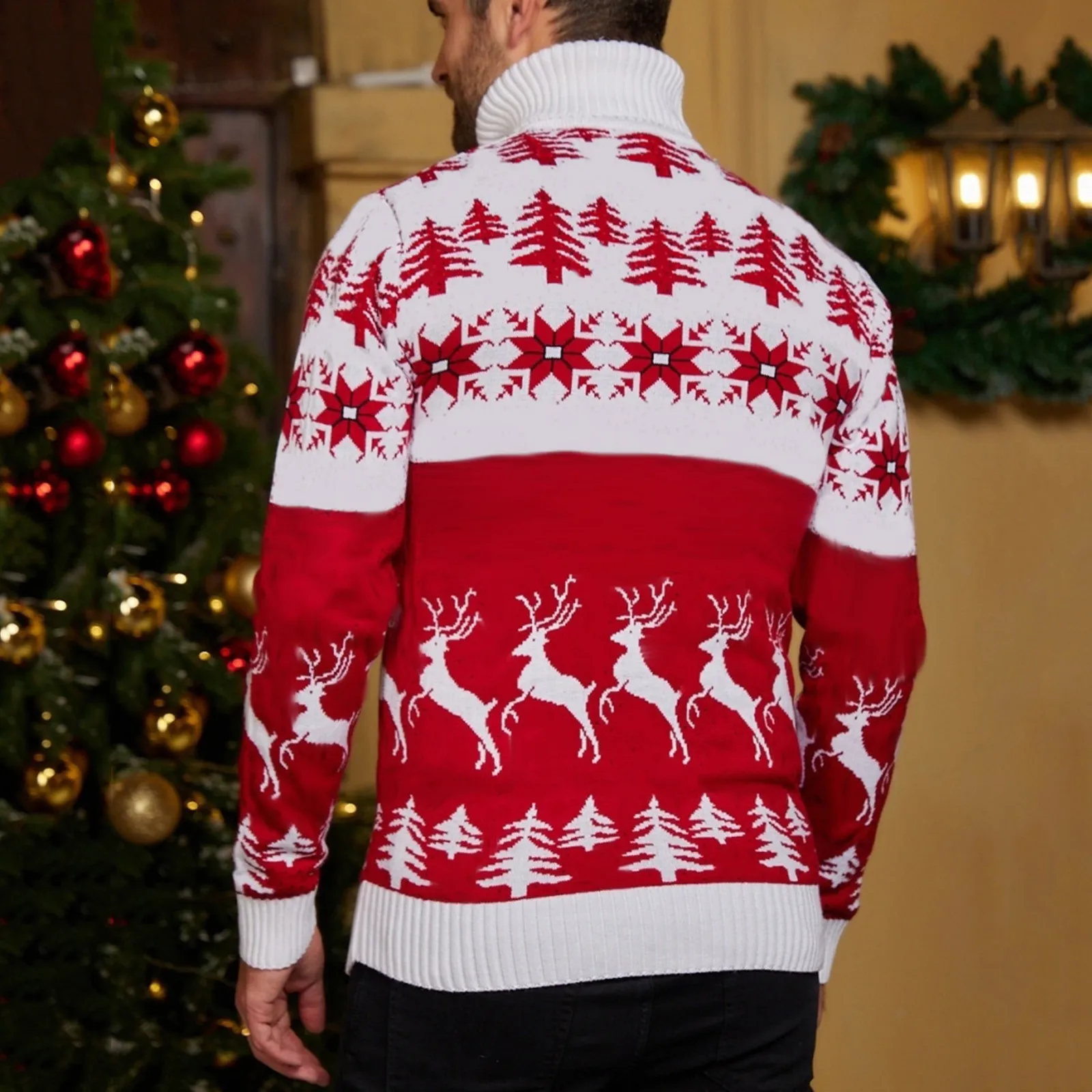 Men Turtleneck Christmas Sweater Casual Xmas Tree Elk Print Pullovers Christmas Theme Knitted Sweaters Autumn Winter Men Clothes