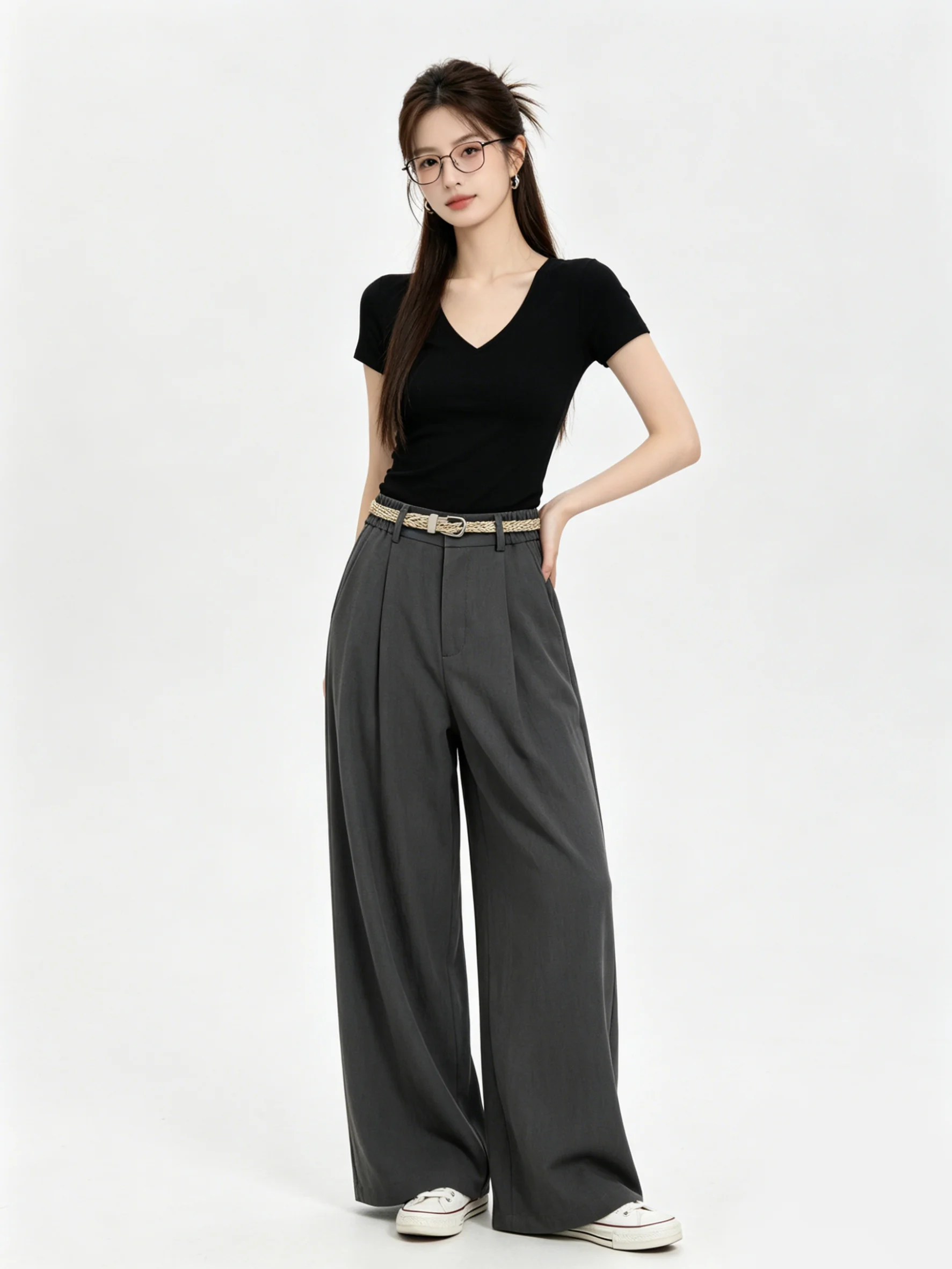 Laid-back Style Deep Grey Retro Korean Skin-friendly Wide-leg Casual Pants Spring Summer Age-reducing Versatile Loose Slimmin...
