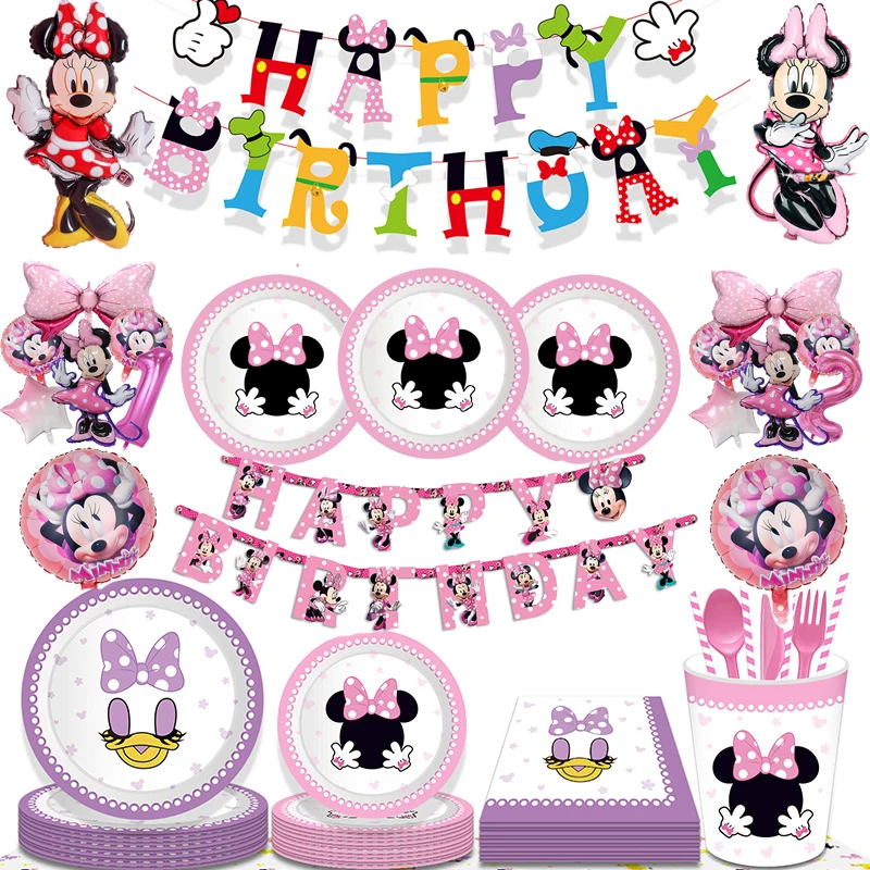 Pink Minnie Mouse Theme Happy Birthday Party Decoration Disposable Tablewares Paper Cups Plates Straw Baby Shower Supplies ballo