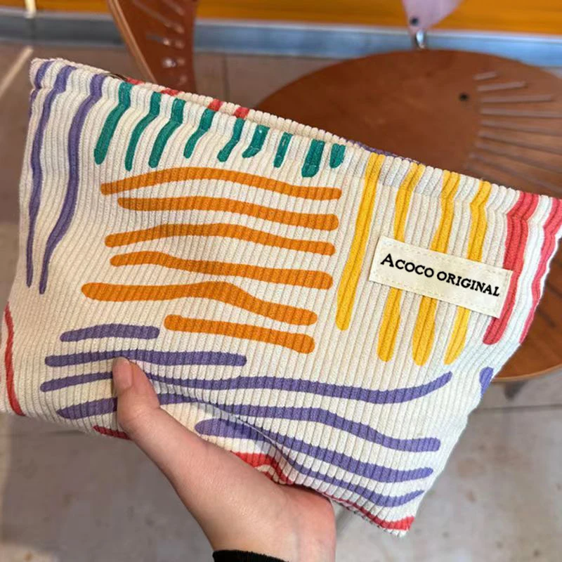 Colorful Stripes Corduroy Cosmetic Bag Portable Travel Toiletry Bag Skincare Sundries Aesthetic Makeup Storage Bag image 2