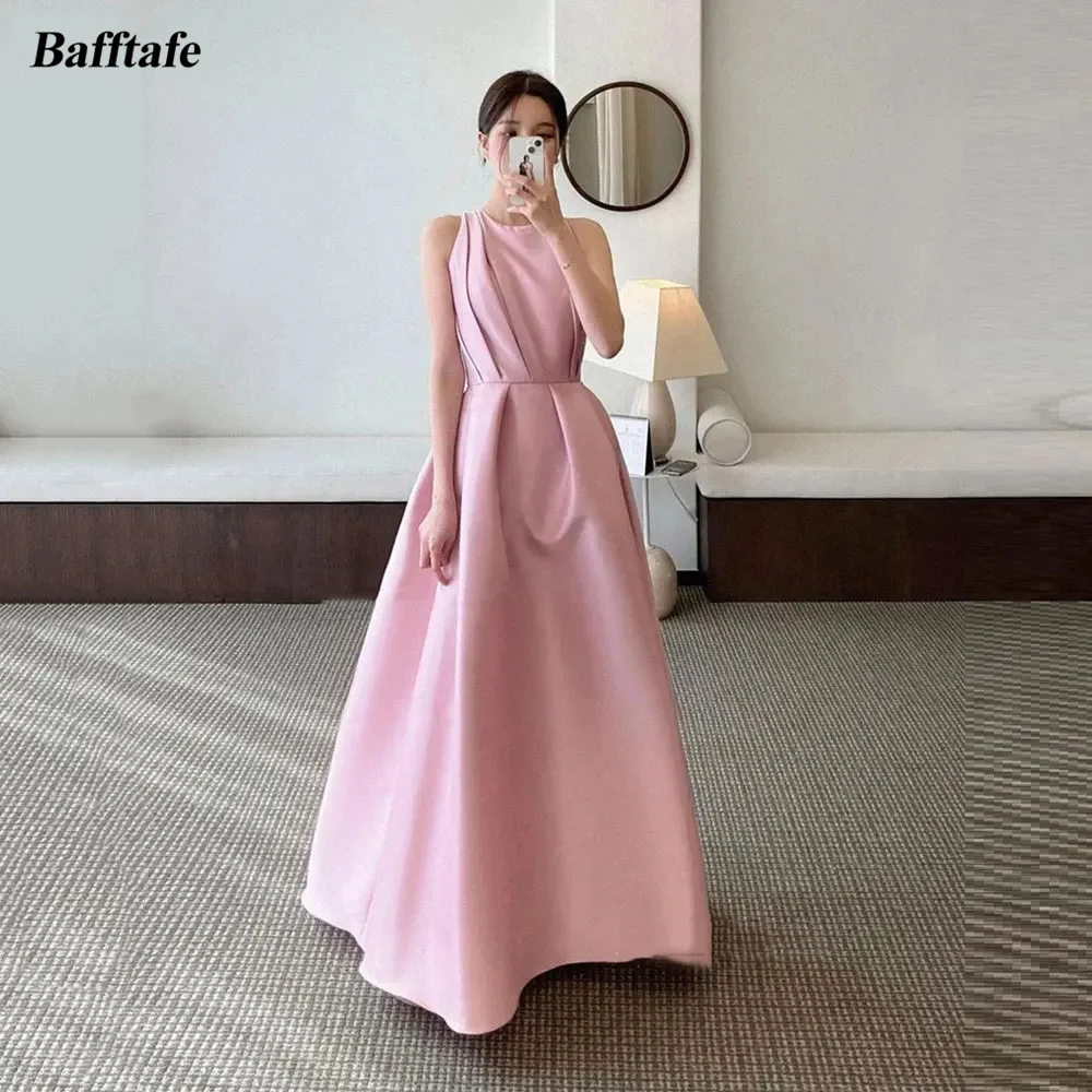 Bafftafe Customized Pink Satin Korea Women Prom Dresses A Line O-Neck Pleated Formal Evening Party Gowns Special Occasion Dress