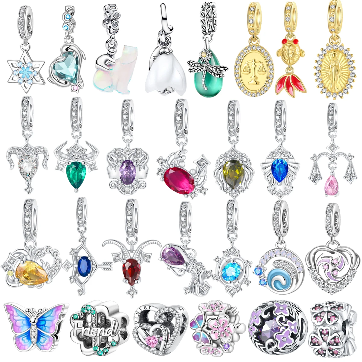 Nuevo colgante de Plata de Ley 925 con doce zodiaco, cuentas de mariposa y flor aptas para pulsera Original DIY para mujer, collar, regalo de joyería