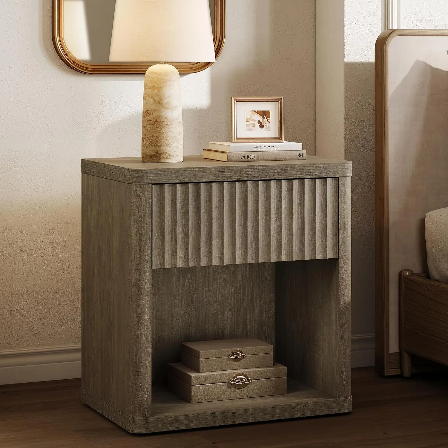 Night Stand Nightstand with Drawer Storage Fluted Bed Side Table End Table Large Modern Wide Bedside Stand Mid Century Night Sta