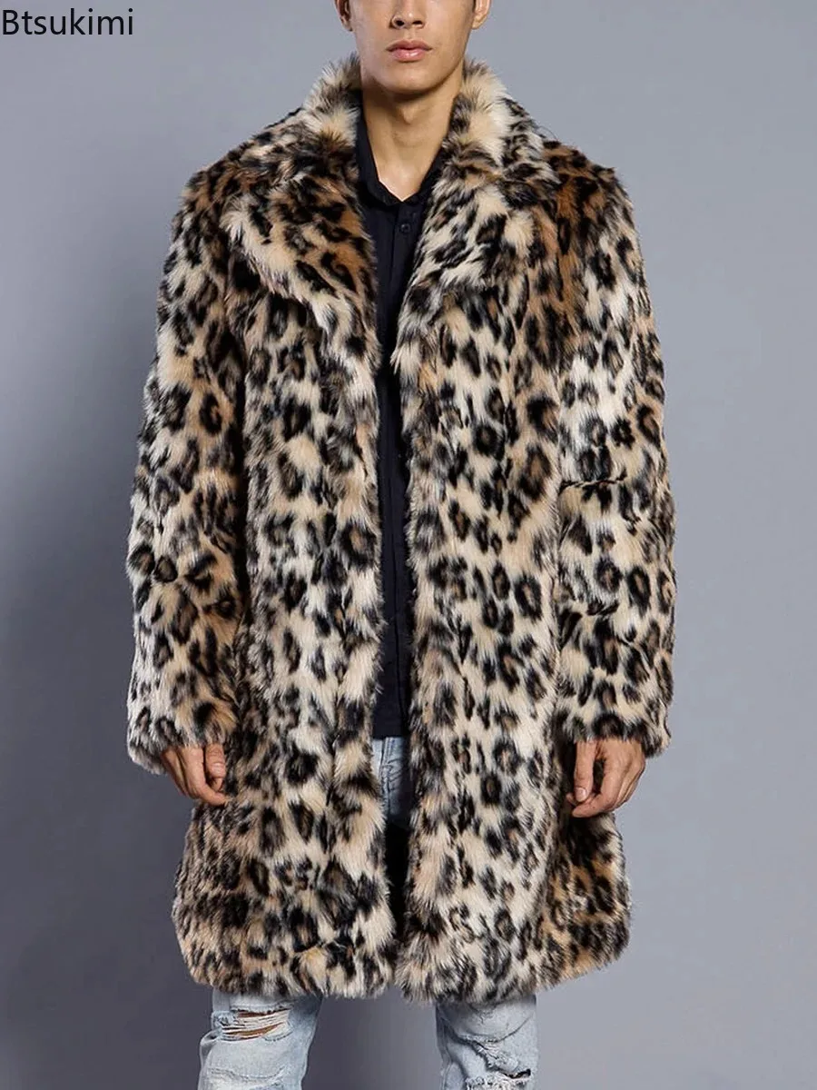 Neue Herrenmode Kunstpelz Großer Revers-Pelzmantel Herbst Winter Herren Kunstpelzjacke Herrenkleidung Leoparden-Dicker Mantel