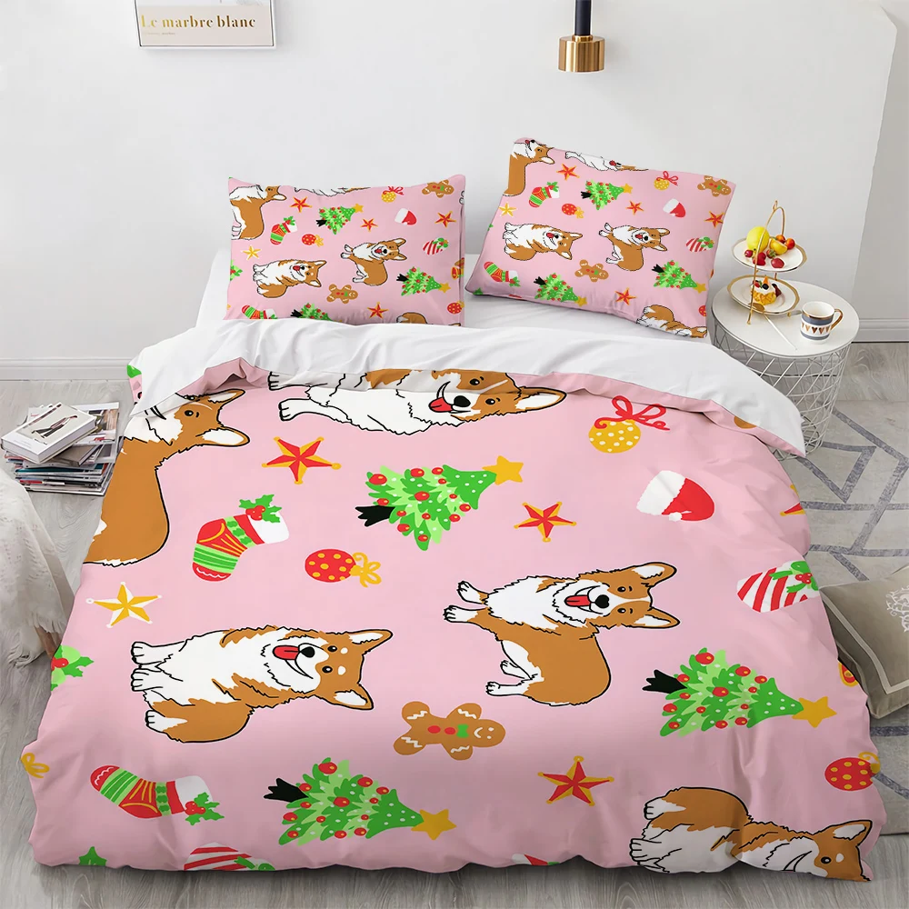 

Corgi Dog King Queen Duvet Cover Yellow Cartoon Puppy Bedding Set For Kids Boys Girls Kawaii Pet Animal Pink 2/3pcs Quilt Cover