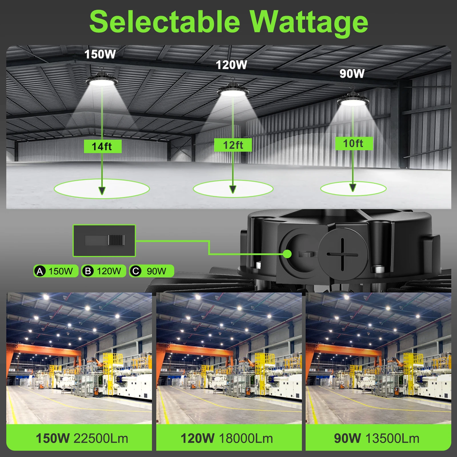 150W 240W LED HIGH BAY WATT AJUSTÁVEL 5000K 277-480VAC COM MICROWAVE