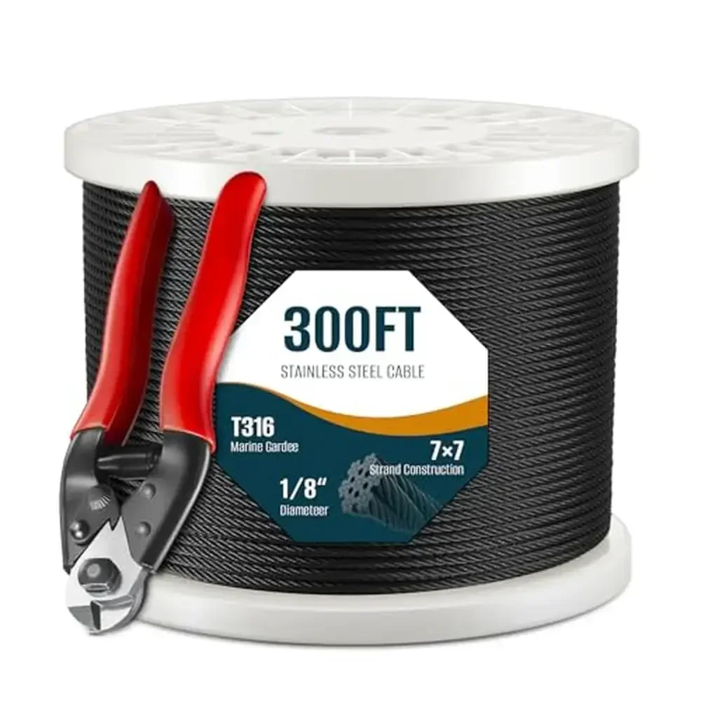 

Black Stainless Steel Cable 300FT 1/8" 7x7 Strands Wire Rope Indoor Outdoor Railing