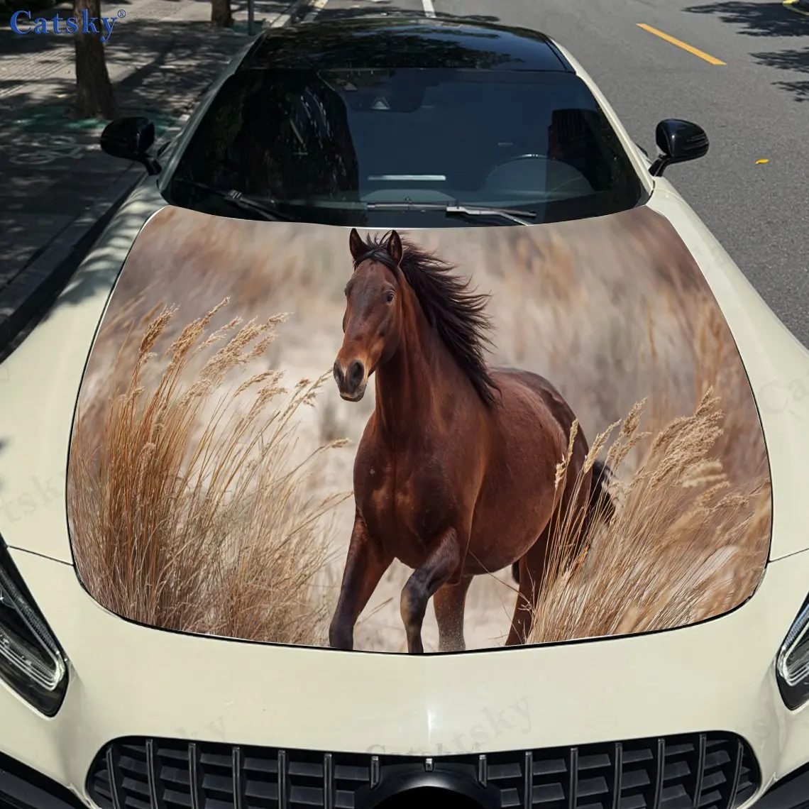 

Reeds Horse Walk Car Hood Sticker PVC Self Waterproof Stick, Striking Auto Exterior Accessories Decor Protect Gift for Car Lover