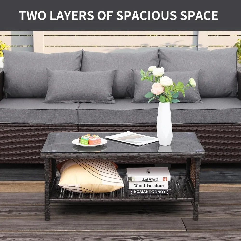 Outdoor PE Wicker Coffee Table - Patio Rattan Garden Side End Tea Table with Glass Top Furniture