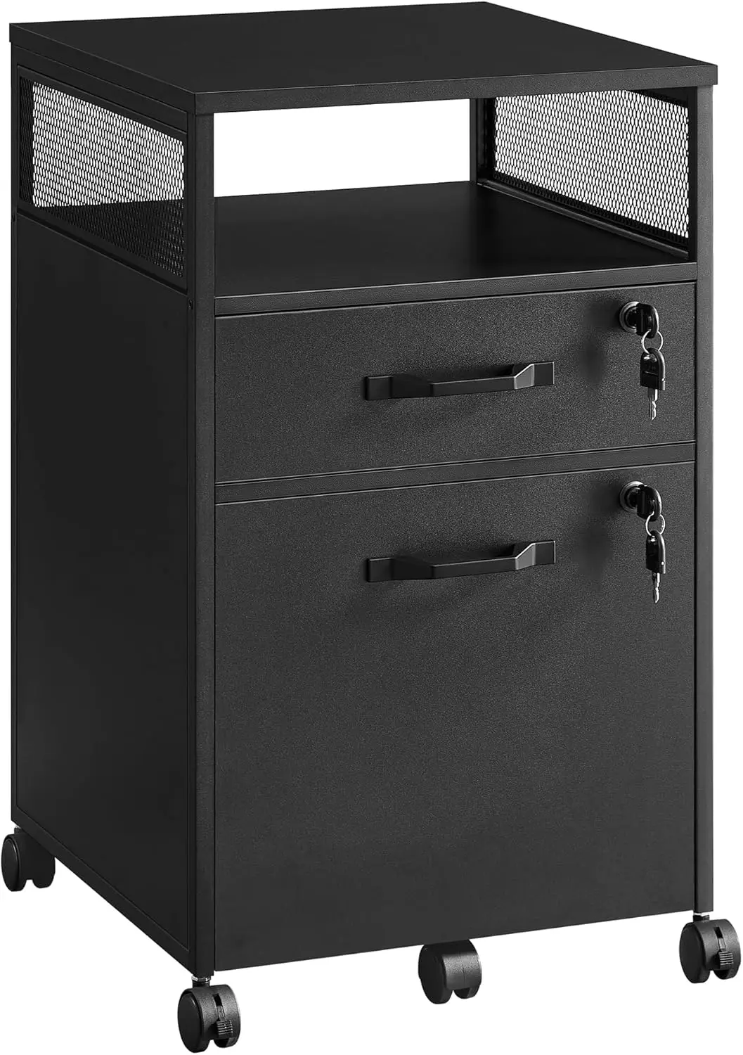 Mobile Filing Cabinet with Wheels, 2 Lockable Drawers, Open Shelf for A4 and Letter Size Files, Ink Black