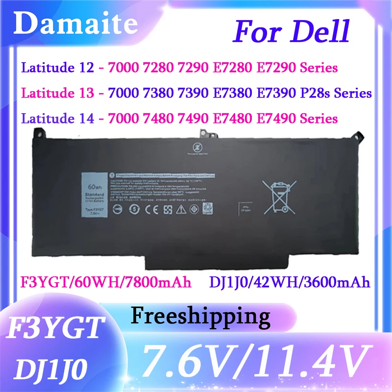 

F3YGT DJ1J0 Laptop Battery For Dell 2X39G Latitude 12 7000 7280 7290 13 7000 7380 7390 14 7480 7490 E7280 E7290 E7380 E7390