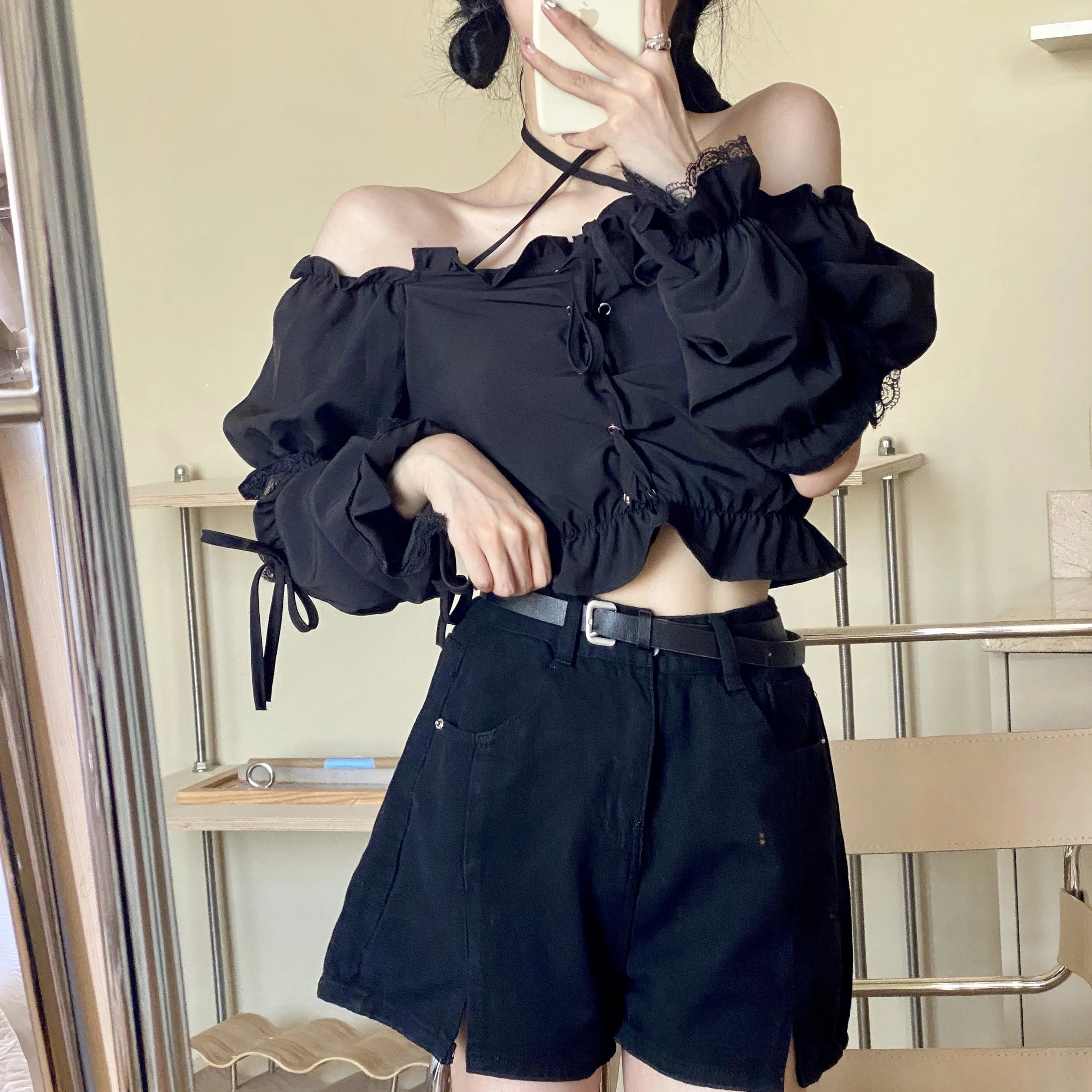 KOSAHIKI Crop Black Blouses Women Ruffles Harajuku Off Shoulder Slim Cropped Sexy Chic Female Summer Gothic Streetwear Y2k Tops