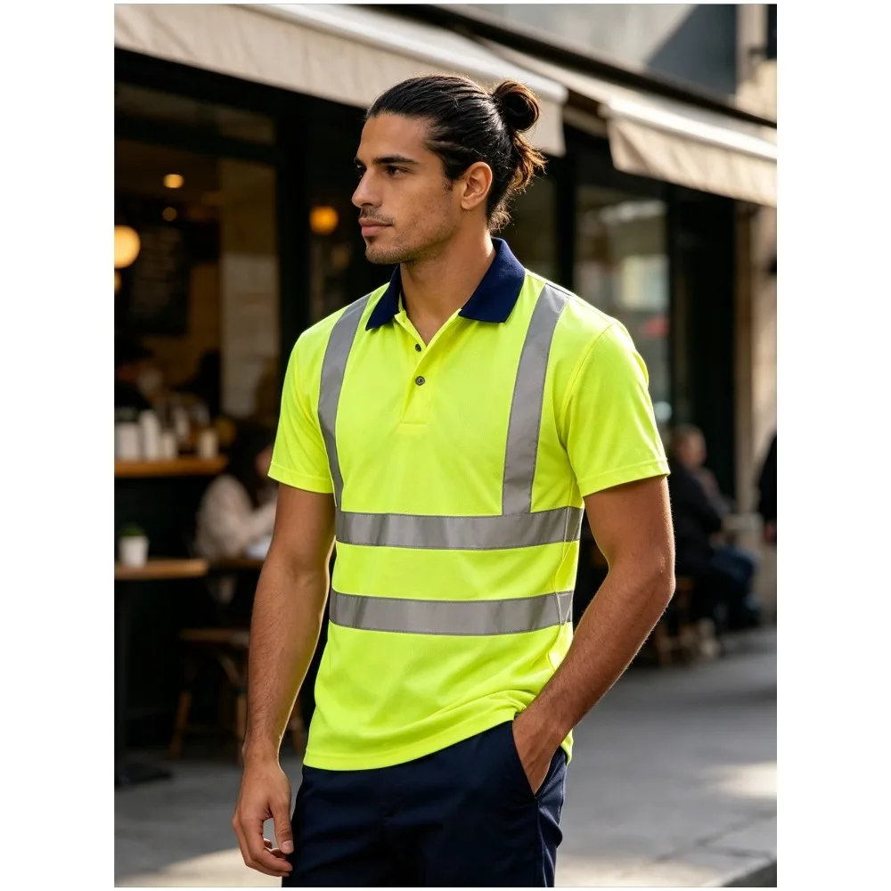 Men's High Visibility Reflective Safety Shirt with Short Sleeves for Road Construction and Highway Workers' Work Clothes