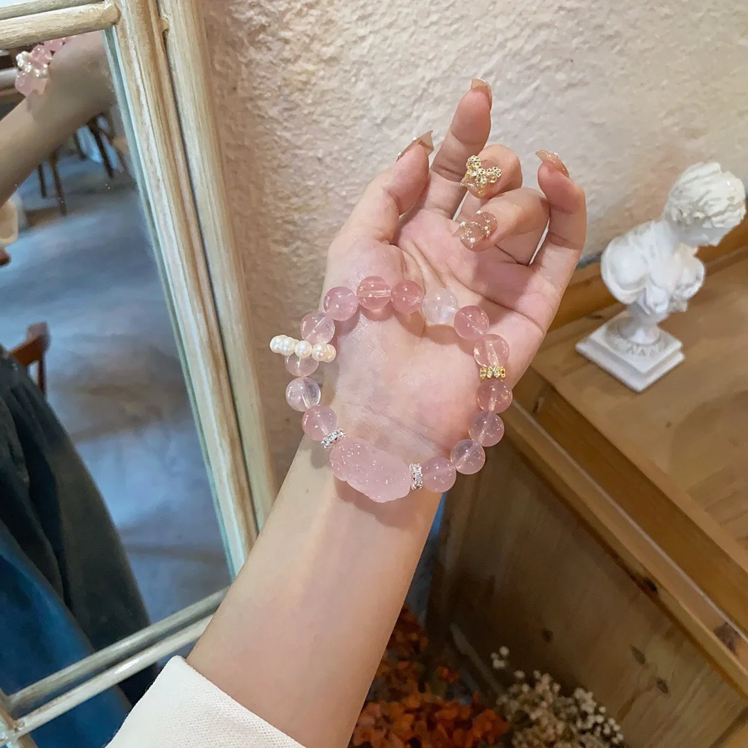 

Natural Powder Crystal Bracelet. Women's Fashion Light Luxury Powder Crystal Pixiu Bracelet Niche Design