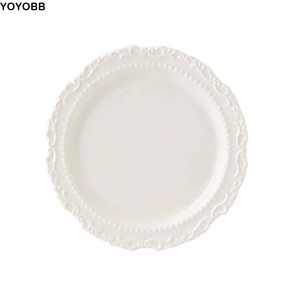 Embossed Design French Relief Plate Round Shape White/Yellow Color Ceramic Dessert Plate Floral Edge Underglazed Colour