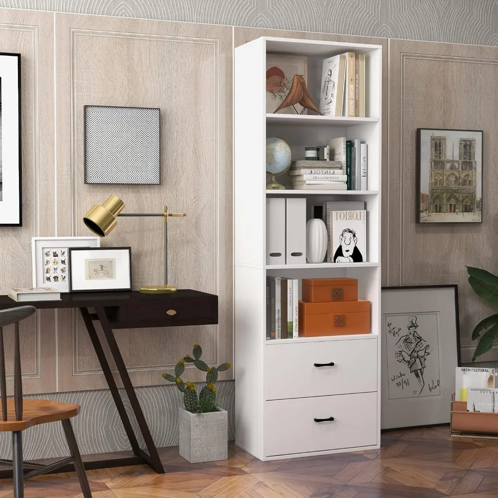 4 Shelf Bookcase with 2 Drawers, 74 Inch 4 Tiers Tall Open Bookshelf with 2 Slide-Out Drawers, Anti-toppling Device