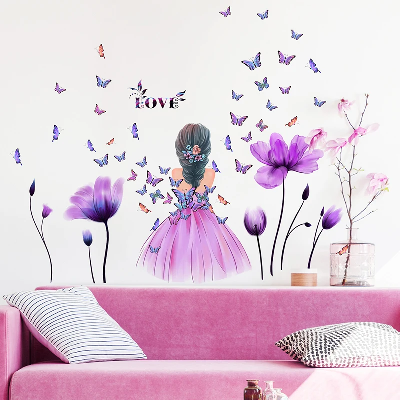 

Butterfly And Figure Graphic Wall Sticker, Self Adhesive Wall Art Decal For Home Decor Tulip Little Girl Butterfly Wall Decal