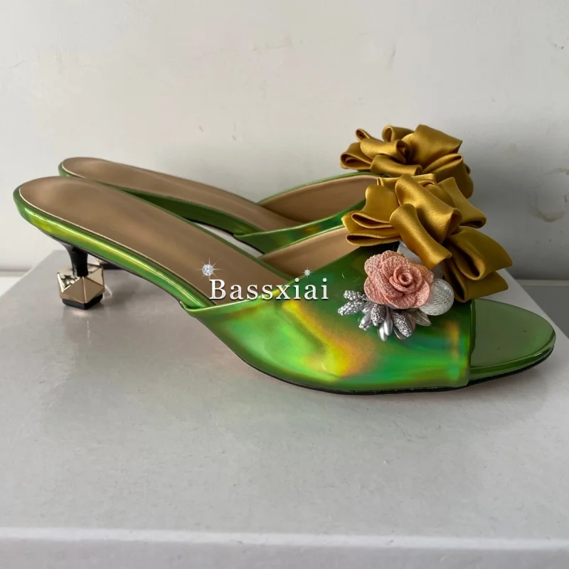 Crystal Decor Handmade Flower Sandals Women Unique Rivet Kitten Heel Patent Leather Slingbacks Summer Shoes view 2