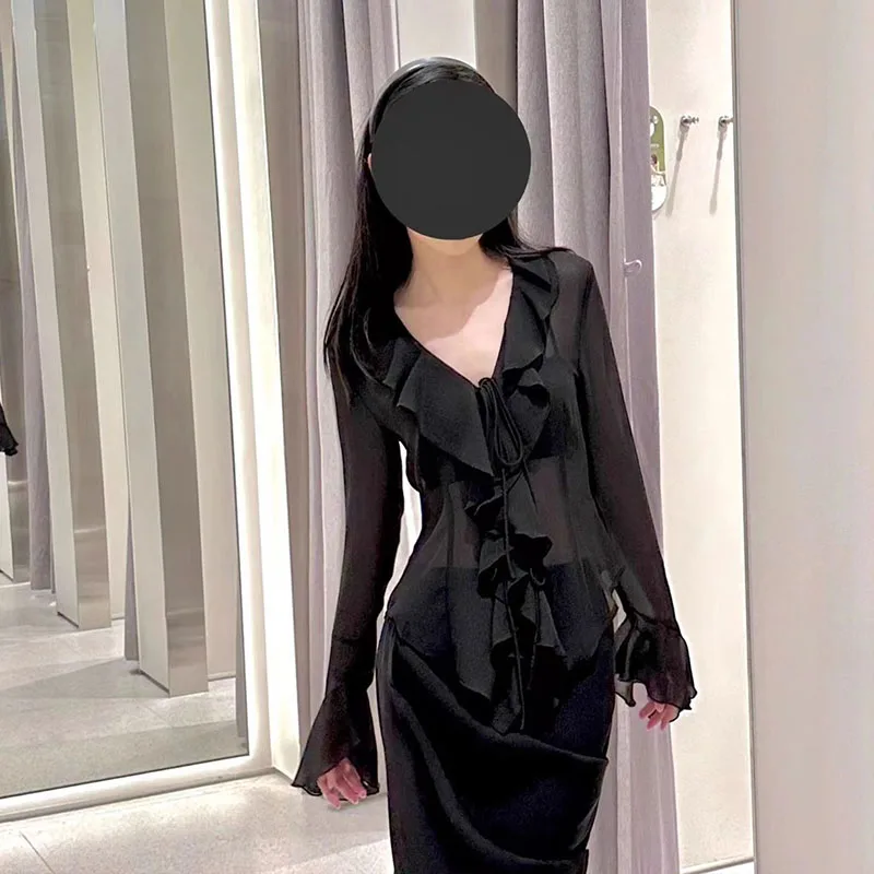 Lucyever Hemd für Damen, lässig, locker, gerüschte Kanten, gespleißte Bluse, weiblich, 2025, Frühling, Sommer, Schnürung, V-Ausschnitt, Sonnenschutz-Shirts