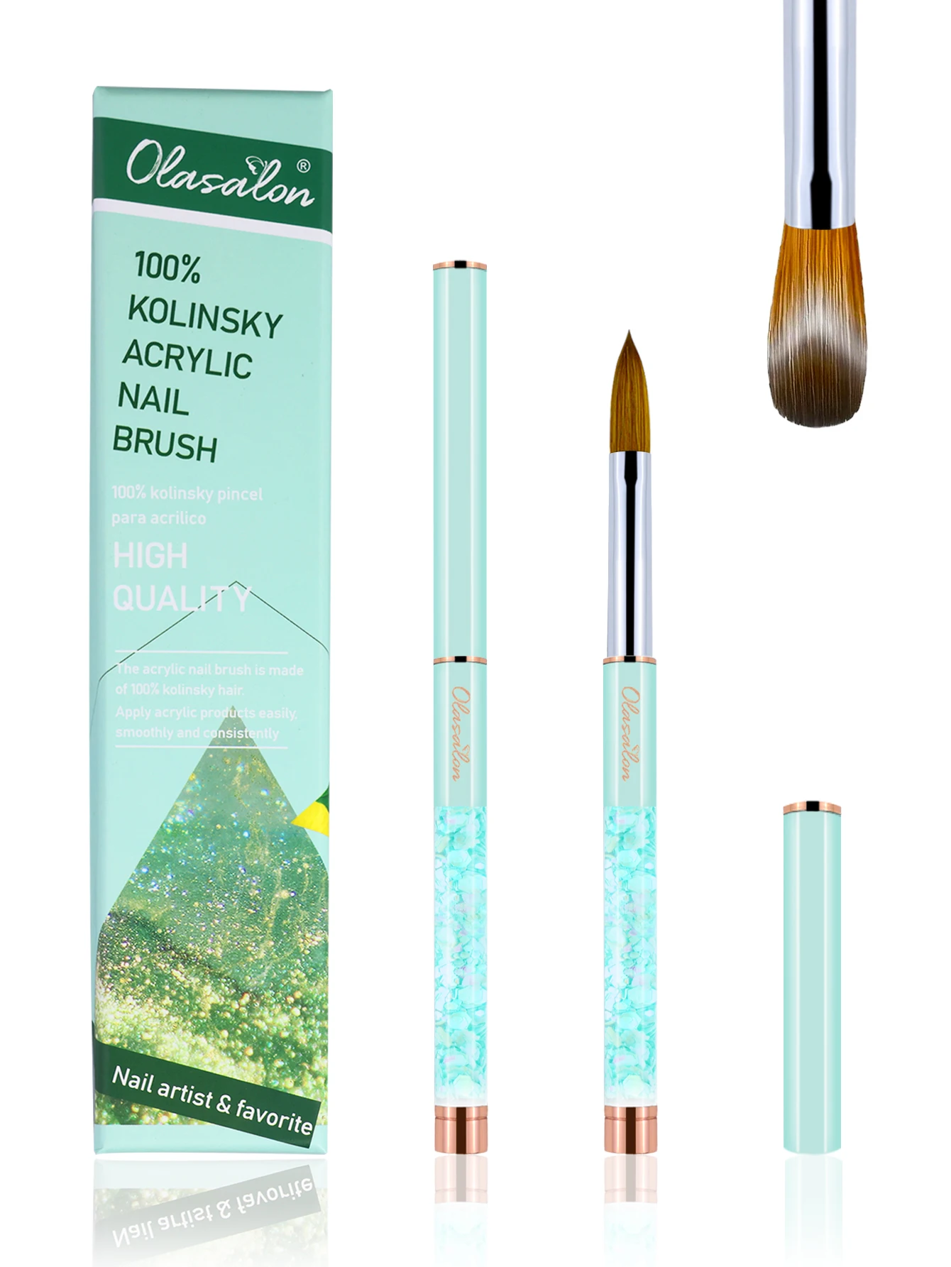 Olasalon 100% Kolinsky acrylic nail brush, acrylic nail brush for manicure, glittery with metal handle,  mint Green urable