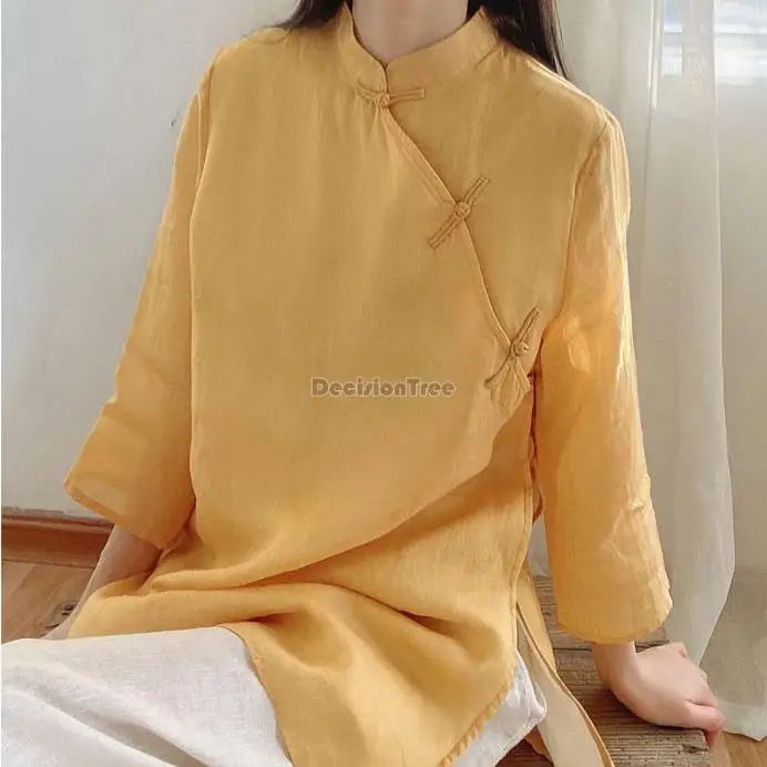 2023 elegante baumwolle cheongsam bluse chinesischen stil top frauen mid-länge hemd lose sieben-punkt hülse retro top frauen s110