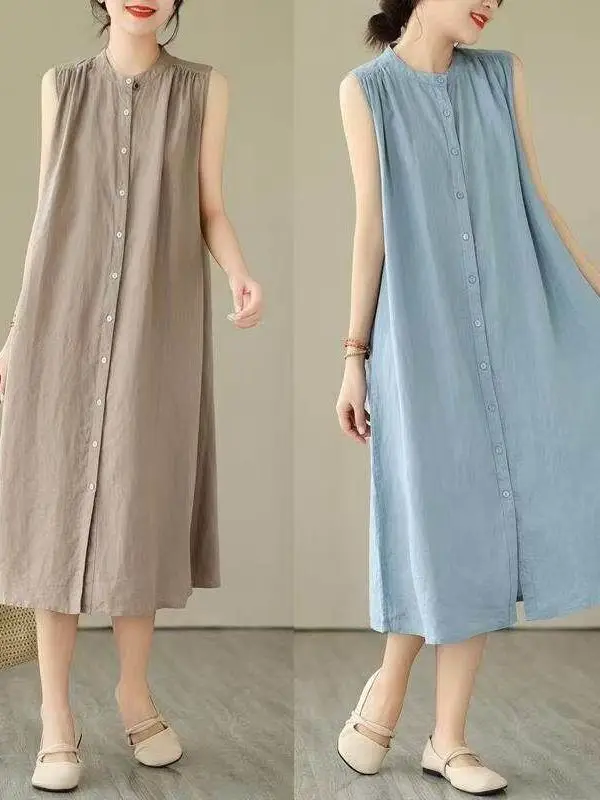 

Summer Pure Color Sleeveless Cotton Linen Women's Dress Loose Casual Mid-Length A-Line Skirt Style Comfortable Slimming Effect