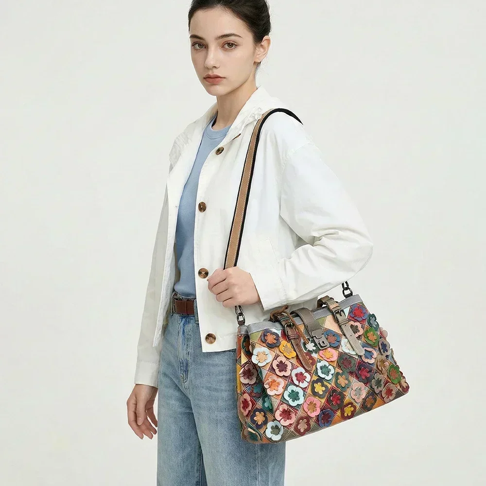 

Genuine Leather Floral Applique Women Crossbody Bag Color Block Splicing Shoulder Handbag High End Casual Weekend Travel Bags