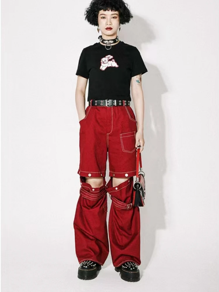 Vintage Y2k Red Baggy Cargo Pants Women Hip Hop Gothic Punk Hippie Removable Wide Leg Denim Pants Streetwear Casual Jeans New