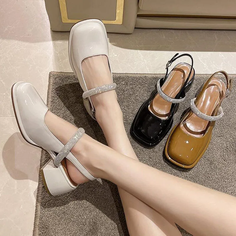 Women\'s French Retro Design Mary Jane Single Shoes Ladies Fashion Square Head Beige Rhinestone Party Sandals Shoes Pumps 2024