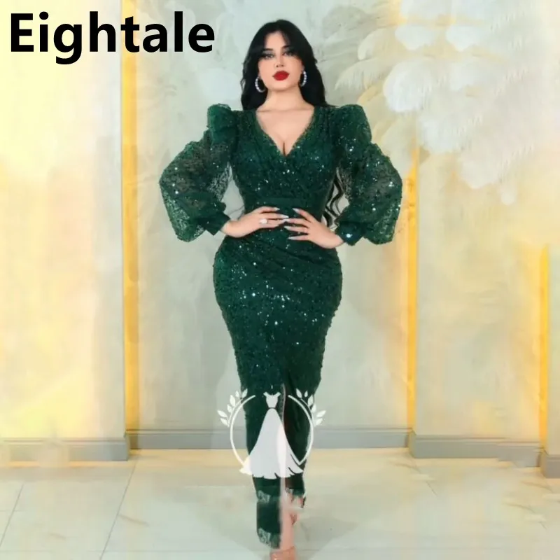 

Eightale 2024 Dark Green Sequin Evening Dresses For Wedding Party Long Puff Sleeve Plus Size Formal Prom Dress Dubai Party Gown