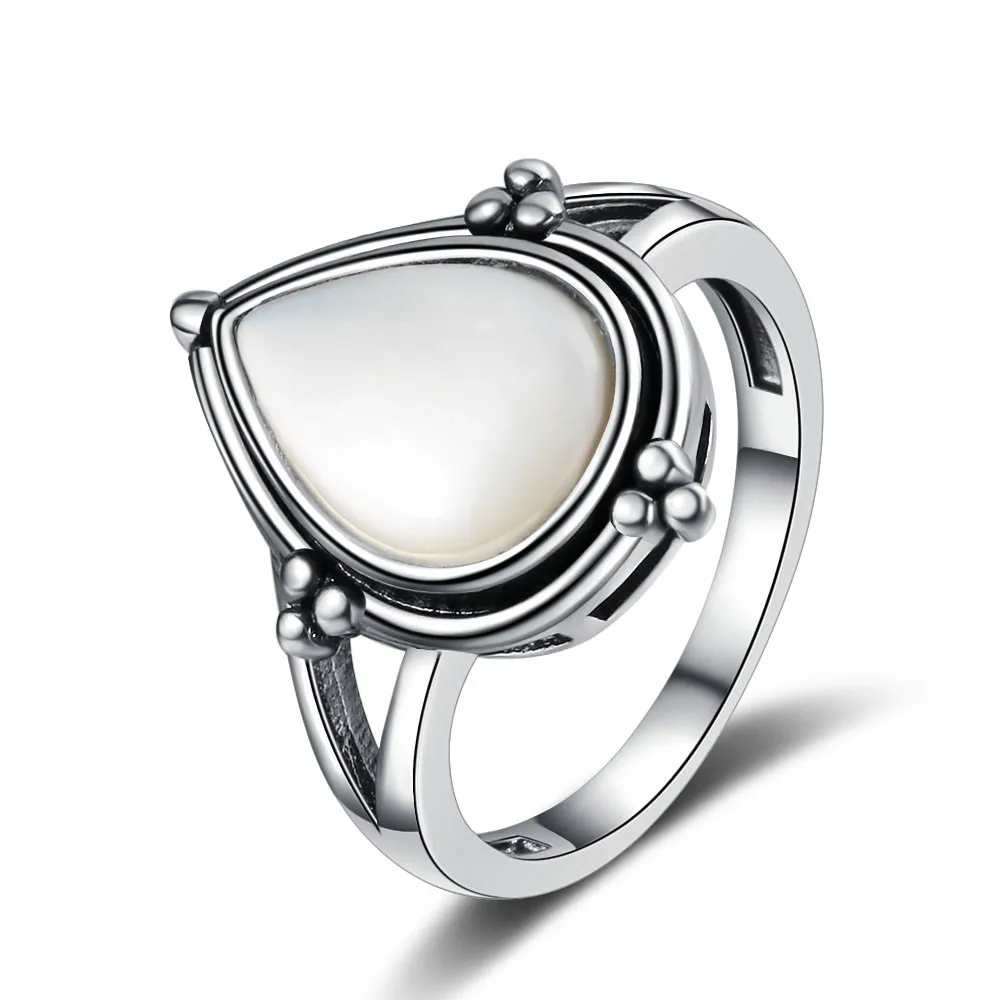 

S925 Silver Jewelry Ring Natural 9*13mm Big White Shellfish Stone Vintage Ring For Women Party Gifts