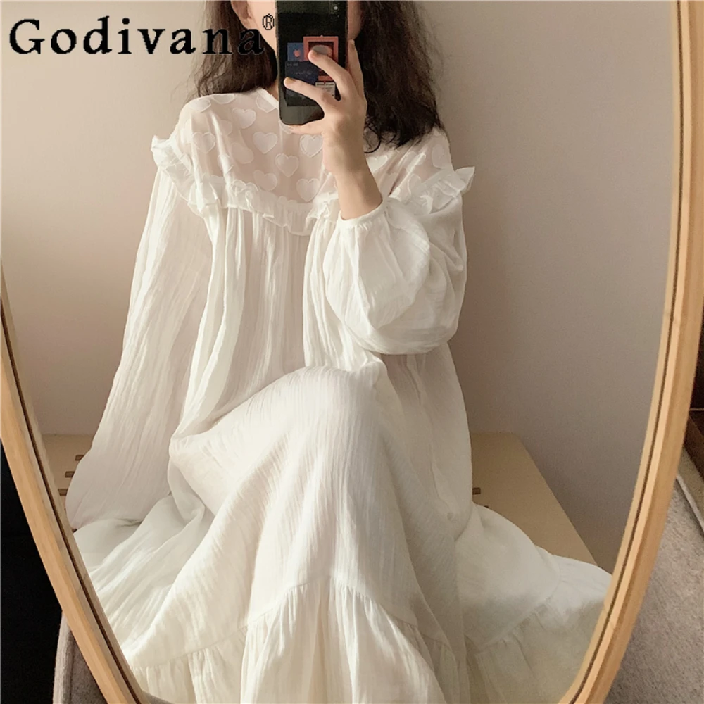 

Spring Autumn Pajamas Cotton Nightgowns Court Princess Wind Fairy White Nightdress Sleepwear Long Sleeve Girl Sweet Homewear