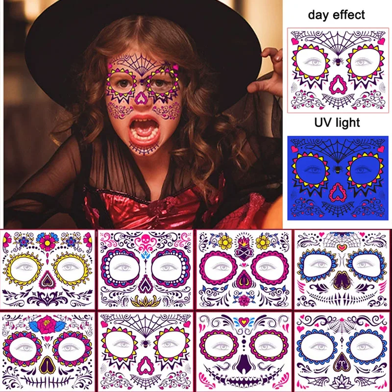 Fluorescent Halloween Temporary Tattoos Sticker Day Of The Dead Face Tattoos Skull Waterproof Night Bar Festival Party Makeup De