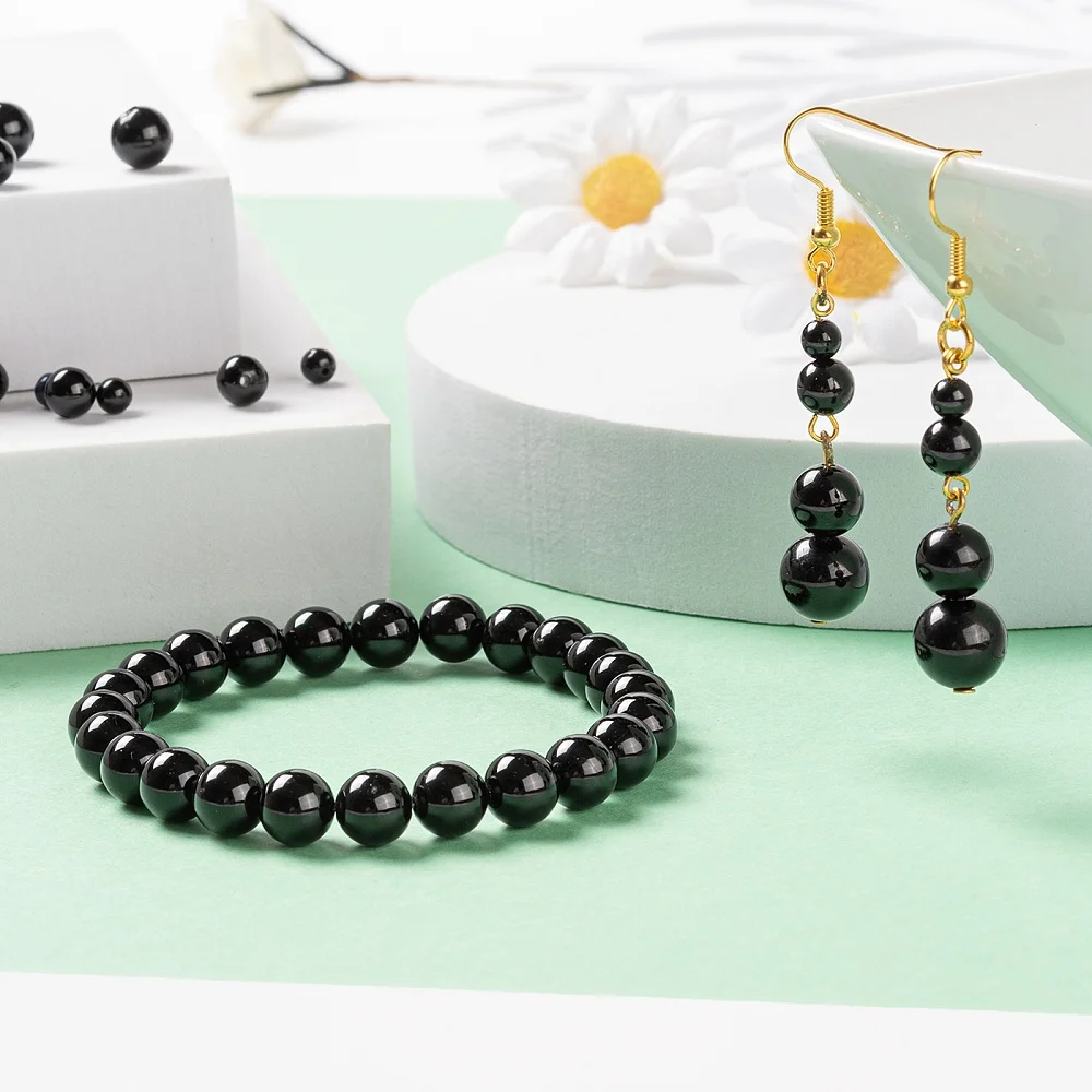 340Pcs Natural Black Tourmaline Round Beads, 4 Sizes 4mm 6mm 8mm 10mm for DIY Necklace Bracelet Earring Jewelry Making