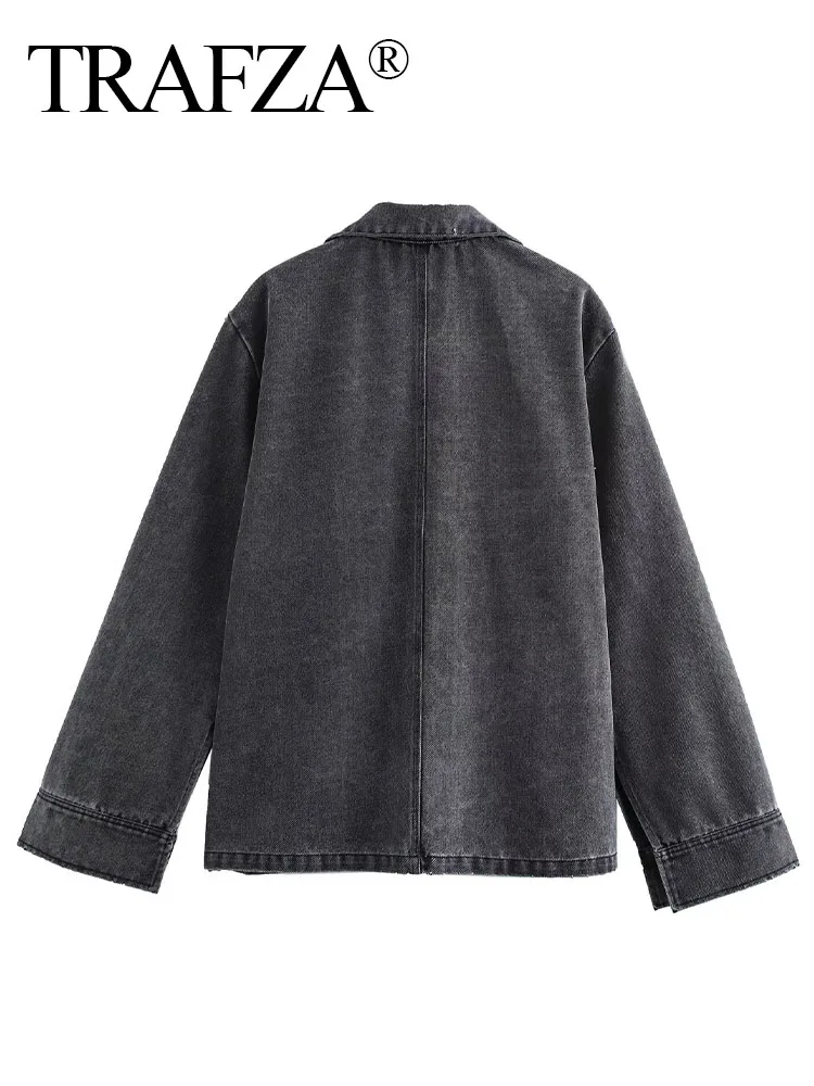 TRAFZA-Manteau Vintage en Denim pour Femme, Haut à Manches sulfavec Poches à Revers, Ourlet Fendu, Pull Solide, Automne