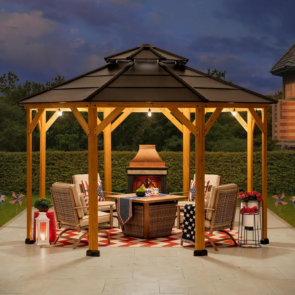 Wood Gazebo with Brown Double Tiered Steel Hardtop Roof and Ceiling Hook ,for Garden, Backyard Shade,Gazebos