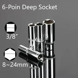 3/8”Drive 6-Point Deep Socket 10mm Shallow Socket Extension Sleeve Hex Head 8/9/10/11/12/13/14/15/16/17/18/19/20/21/22/23/24mm