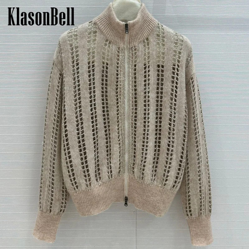 

10.9 KlasonBell Women Clothes Sequins Hollow Out Cardigan Double Zipper Stand Collar Wool Mohair Blend Knit Coat