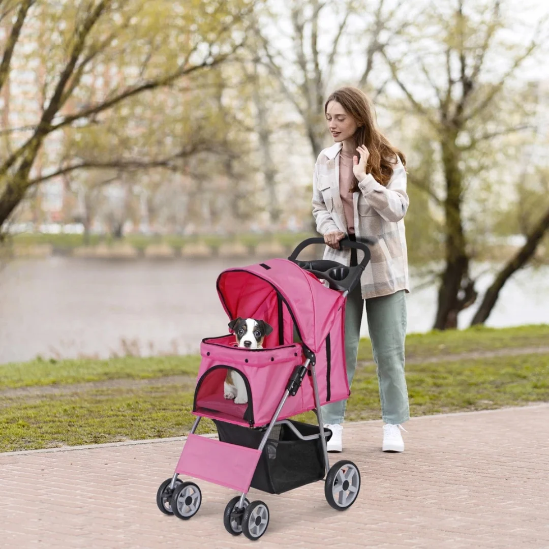Dog Stroller 4-Wheels w/Storage Basket & Cup Holder Foldable Cat Pet Stroller - view 2