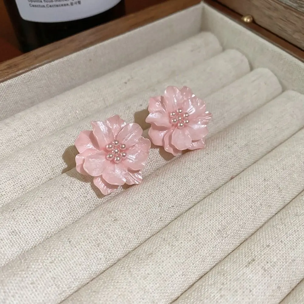 Elegant Pink Flowers Drops Earrings Acrylic Pearl Fashion Big Flower Stud Earrings Sweet Temperament South Korean Style