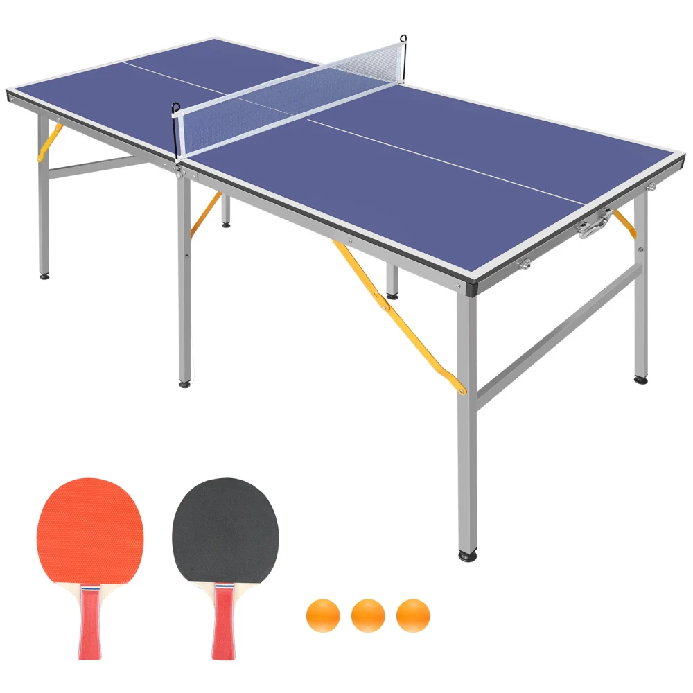 6ft Mid-Size Table Foldable Portable Ping Pong Table Set for Indoor & Outdoor Games with Net,2 Table Tennis Paddles and 3 Balls